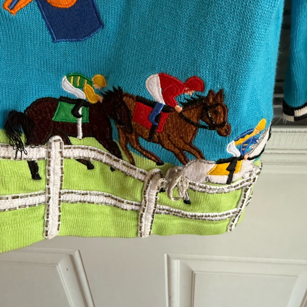 Berek Teal Cardigan Horse Racing Derby Preakness Applique Beads Embroidery Rare - Picture 7 of 11